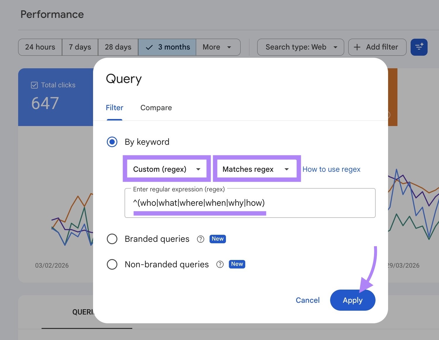 Applying the regex filter on GSC by selecting "Custom (regex)", "Matches regex", entering an expression, and clicking "Apply".