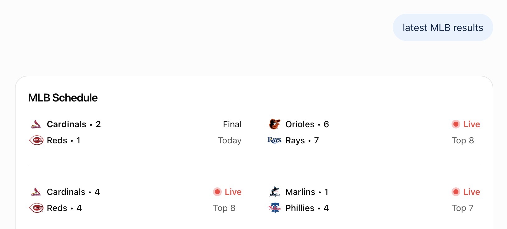 "latest MLB results" entered on ChatGPT showing up-to-information of live games and recently concluded ones.