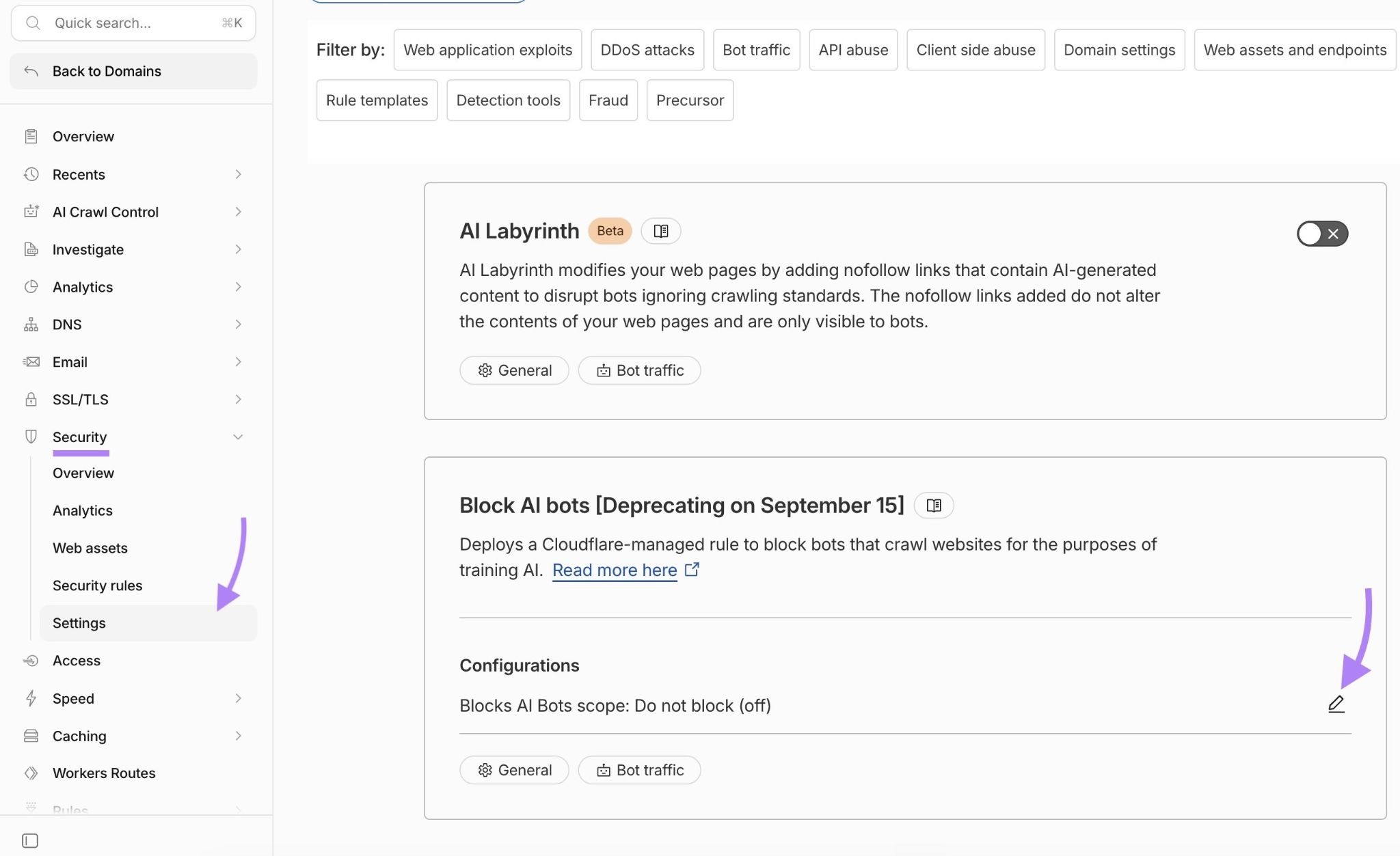 Security settings on Cloudfare with the edit button clicked in the Block AI bots section.