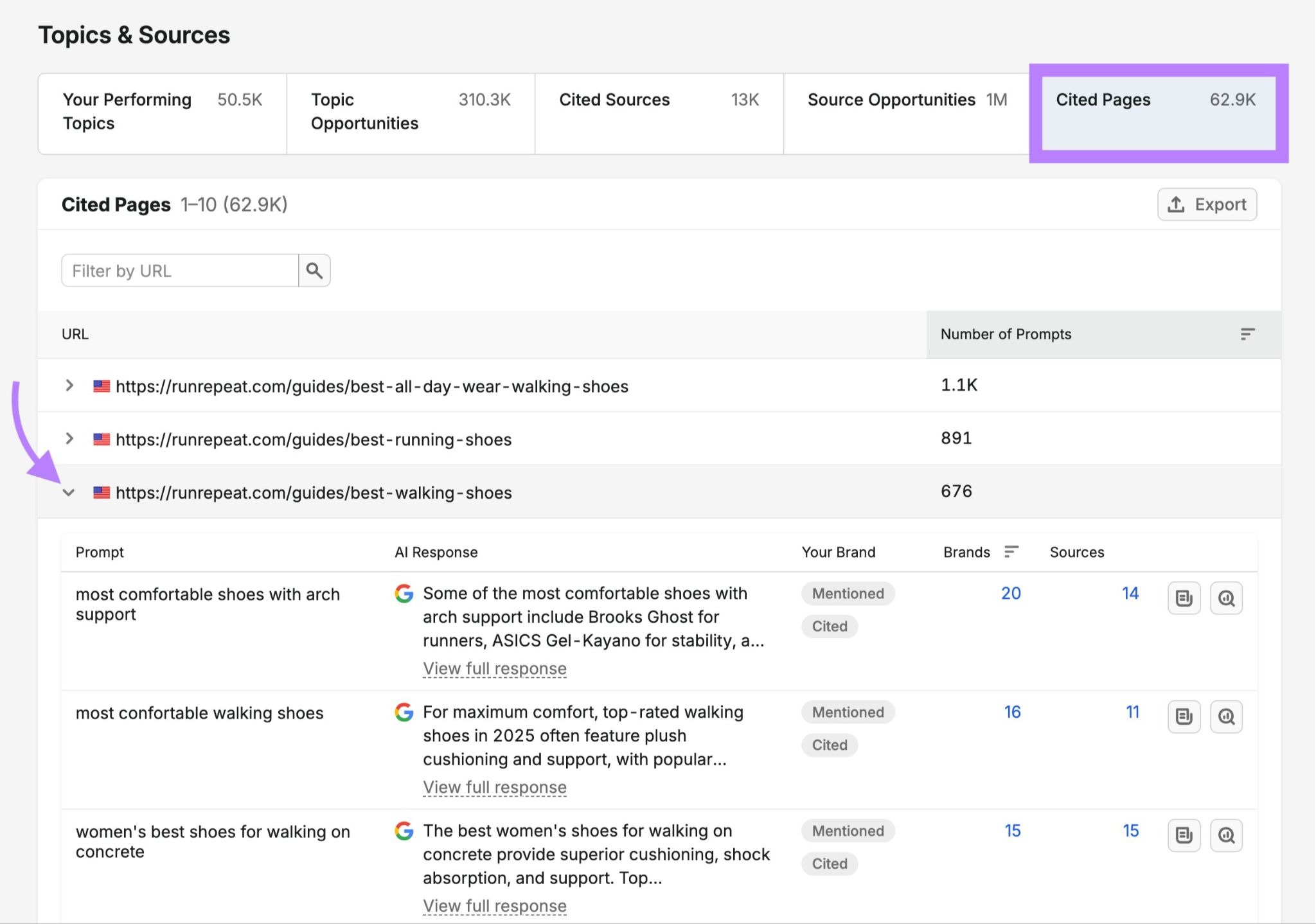 Cited Pages on Visibility Overview with a URL expanded to show a list of prompts it's being cited for.