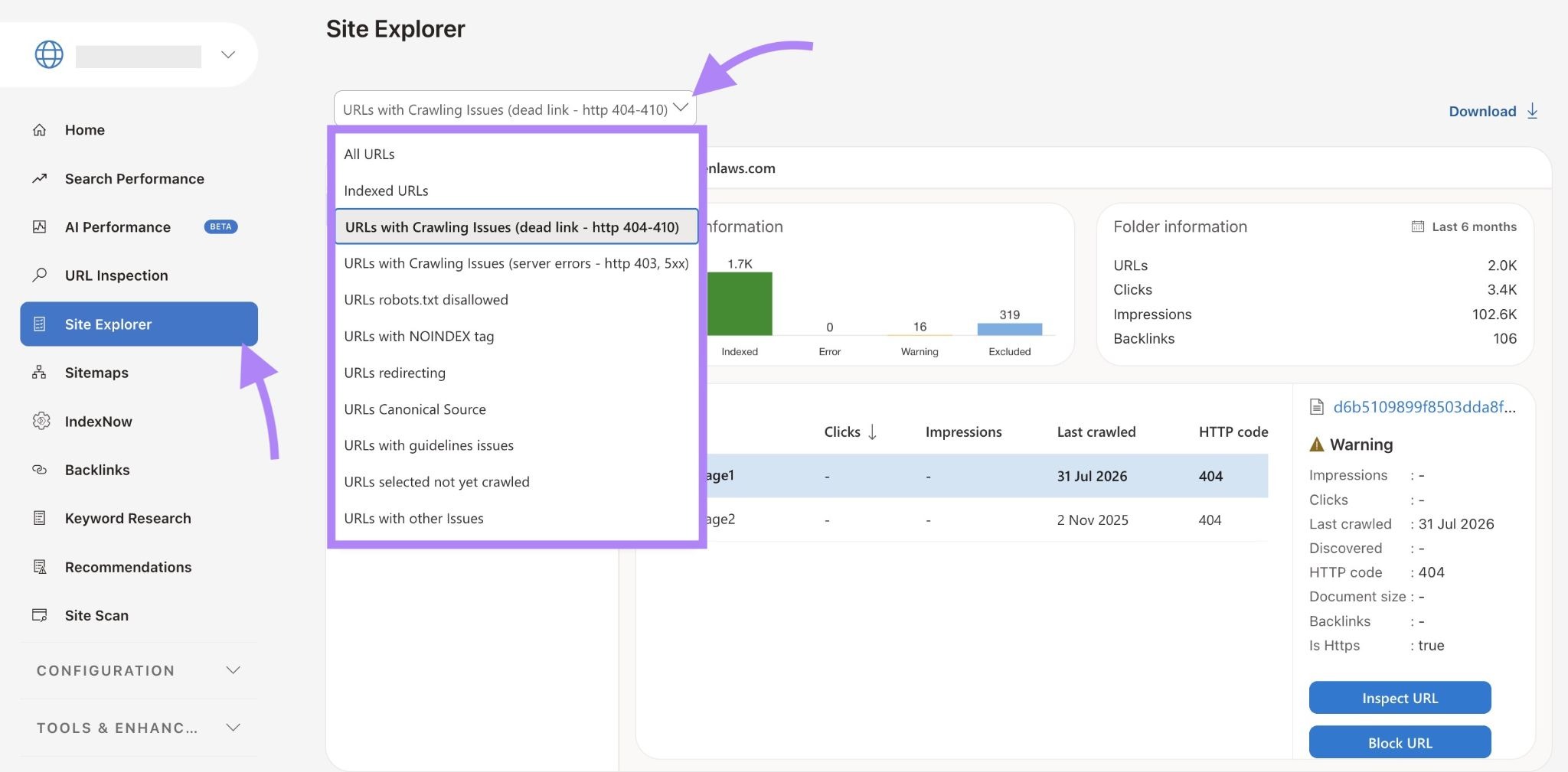 The issue drop-down expanded on the Site Explorer tab on Bing Webmaster Tools.