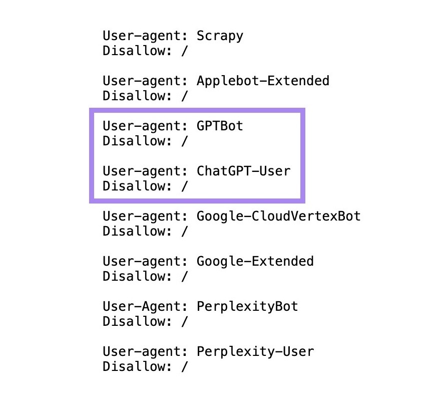 A robots.txt file with the GPTBot and ChatGPT-User bots disallowed.