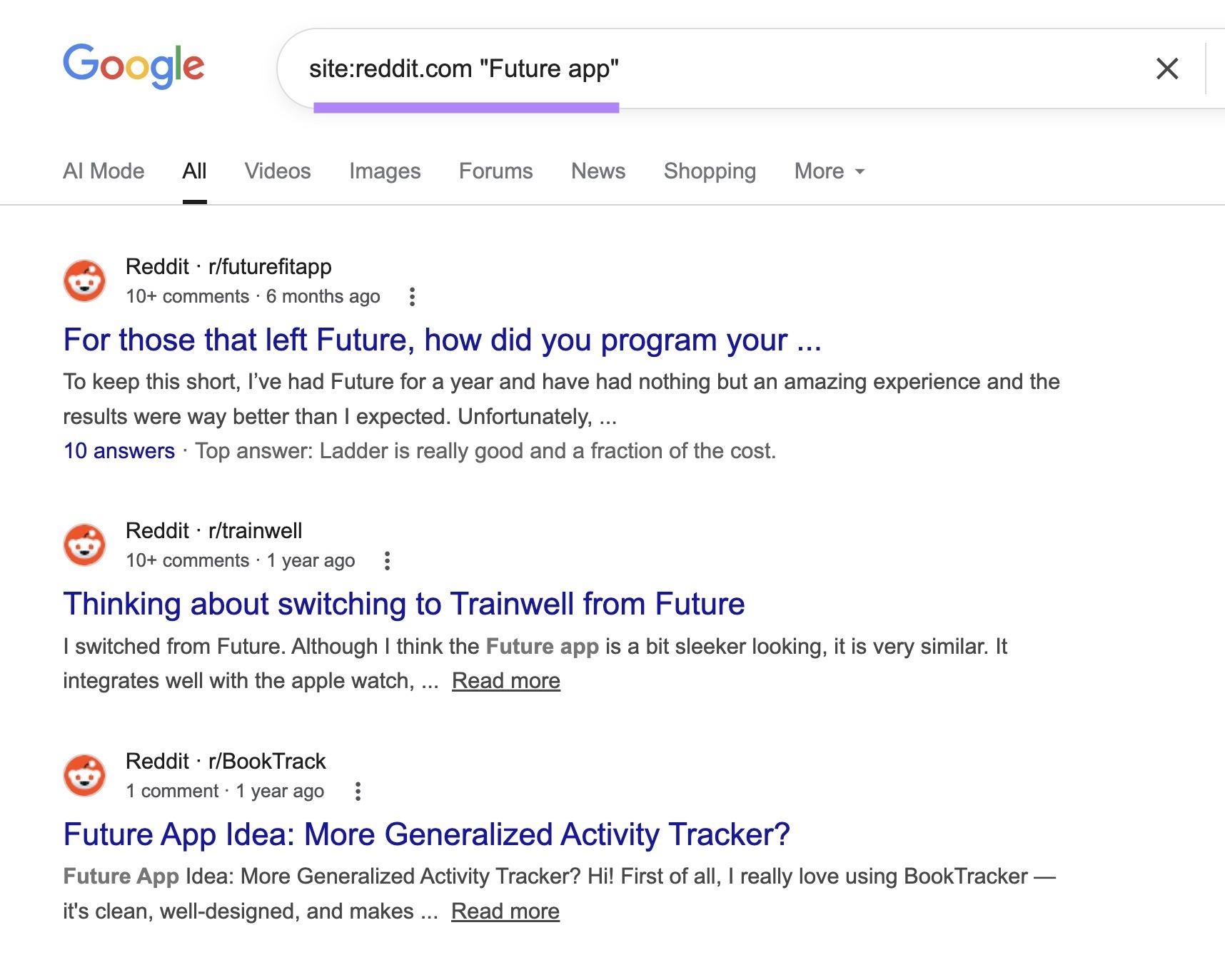 Google SERP with a site search operator entered showing a list of Reddit threads that mention a competing brand.